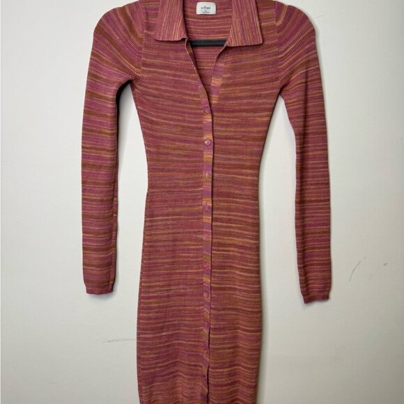 Aritzia Wilfred XS Stripe Ribbed Stretchy Knit Button Down 90s Midi Dress - Picture 2 of 14